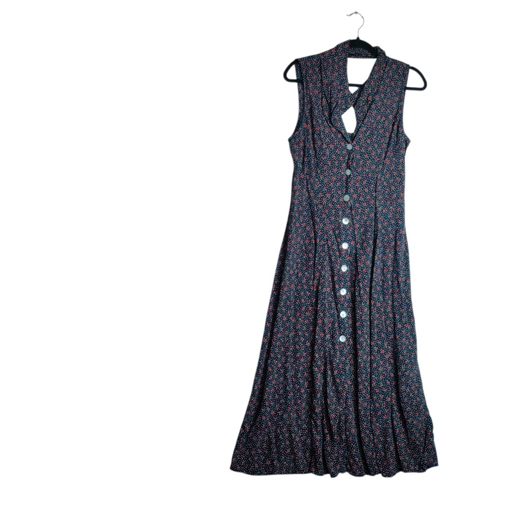 Connected Apparel Navy Floral Polka Dot Sleeveless Maxi Dress 12 Keyhole Back